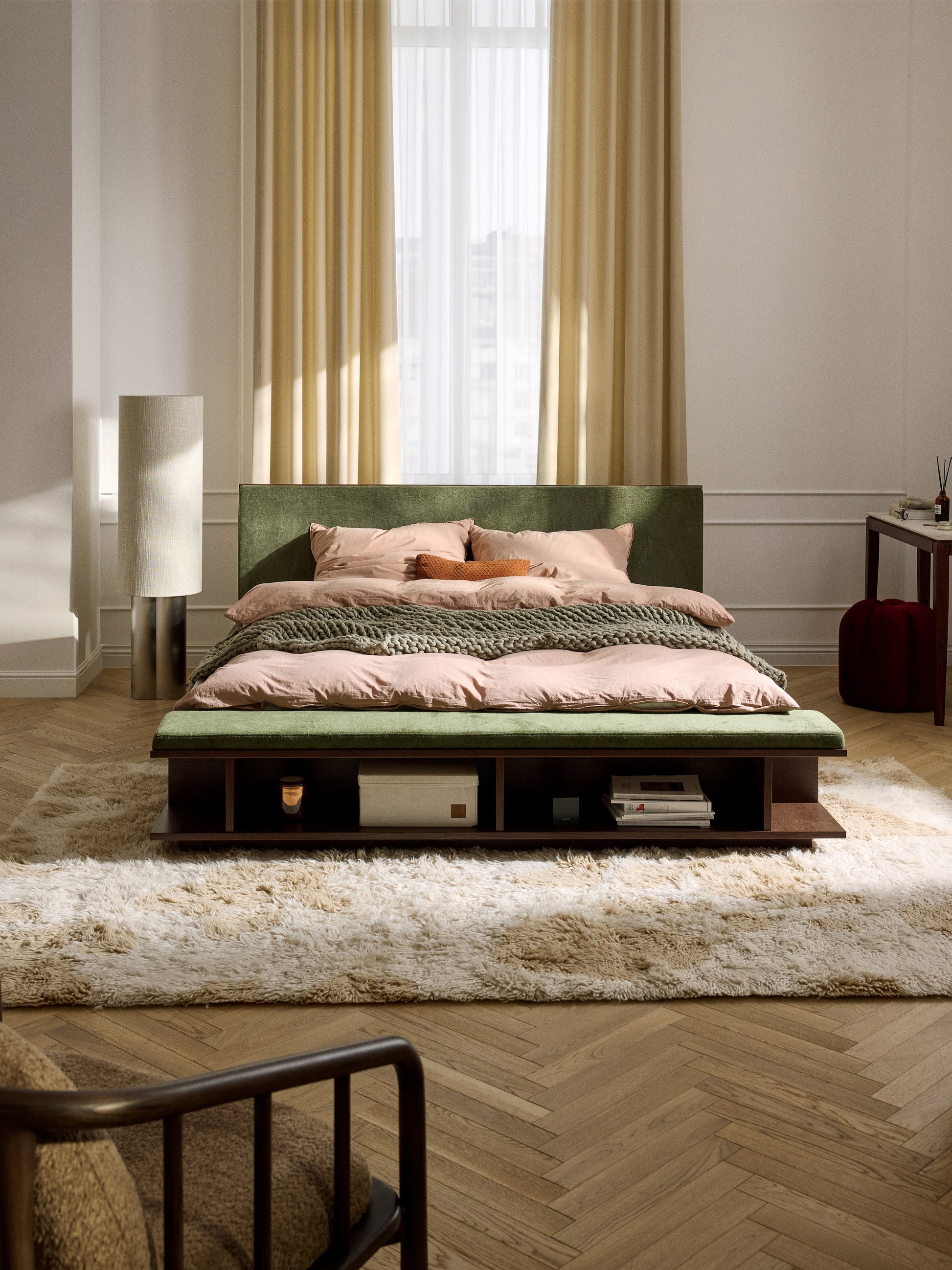 Clardan Wooden Bed Frame with Side Shelves and Bench