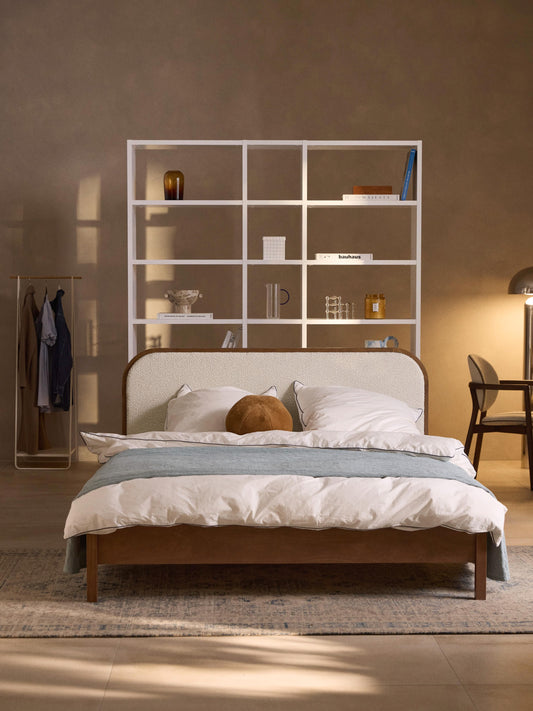 Jondrico Wooden Bed with Bouclé Headboard