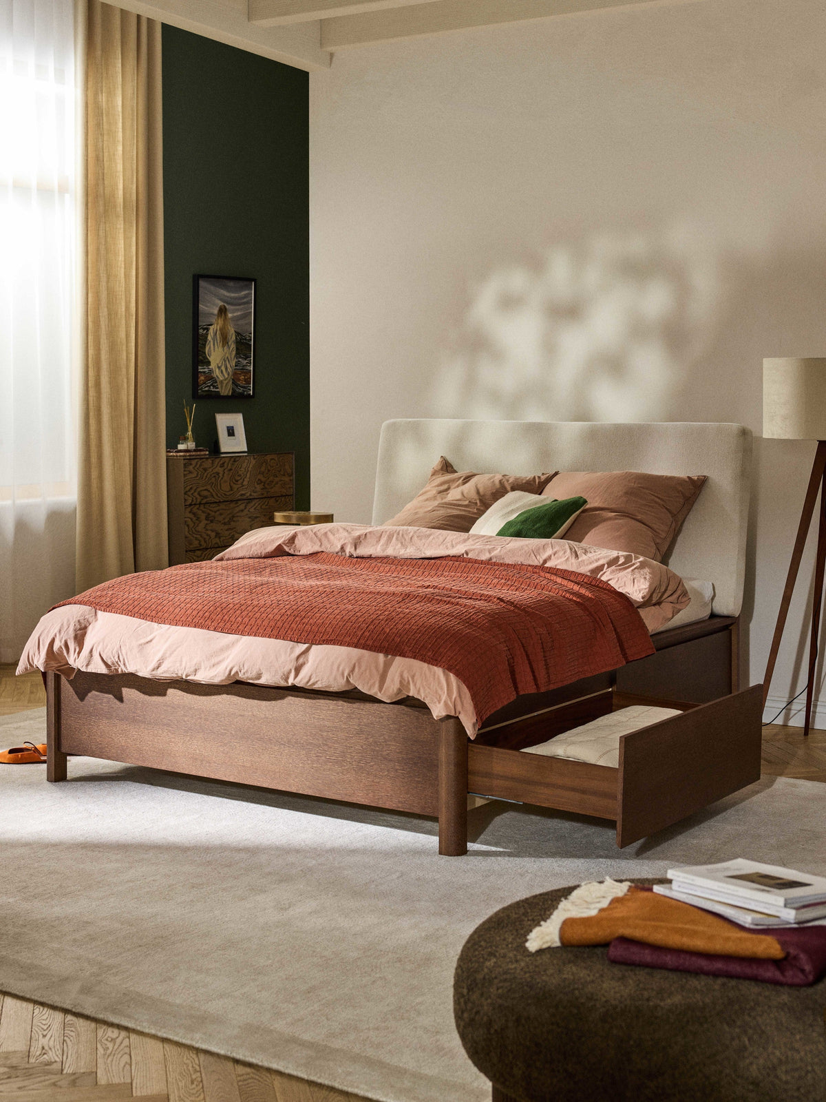 Santovio Wooden Bed with Drawers and Upholstered Headboard